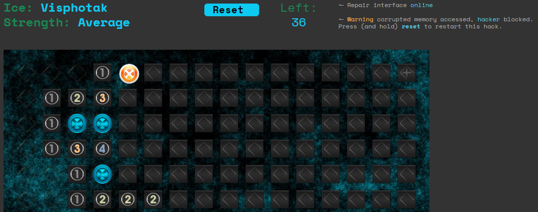 Picture of a minesweeper ICE puzzle with an exploded mine and a clear reset button